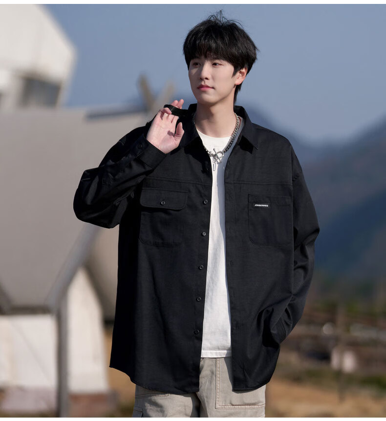 Foss Phil Men's Vintage Casual American Workwear Long Sleeve Shirt Jacket Spring Autumn Black L S581 4