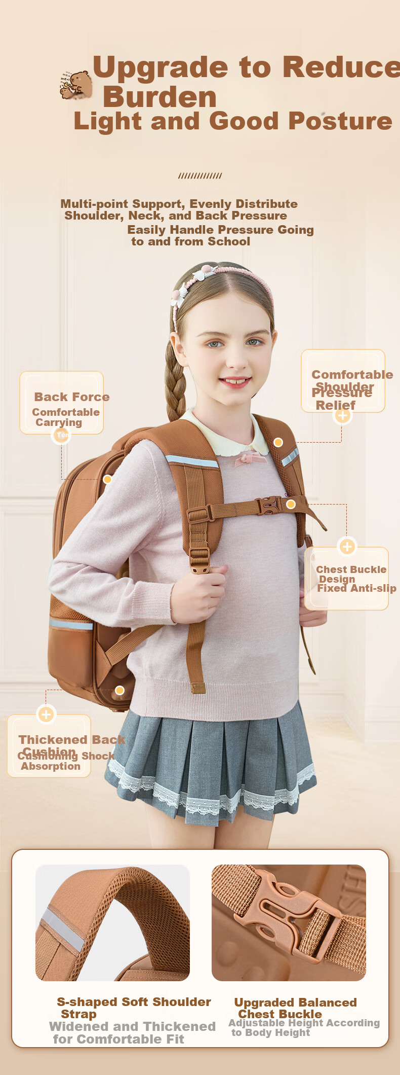 Dishuai Capibala Elementary School Backpack for Girls Grades 1-3 Lightweight Spine-Protecting Large Capacity Children's Backpack for Boys 9