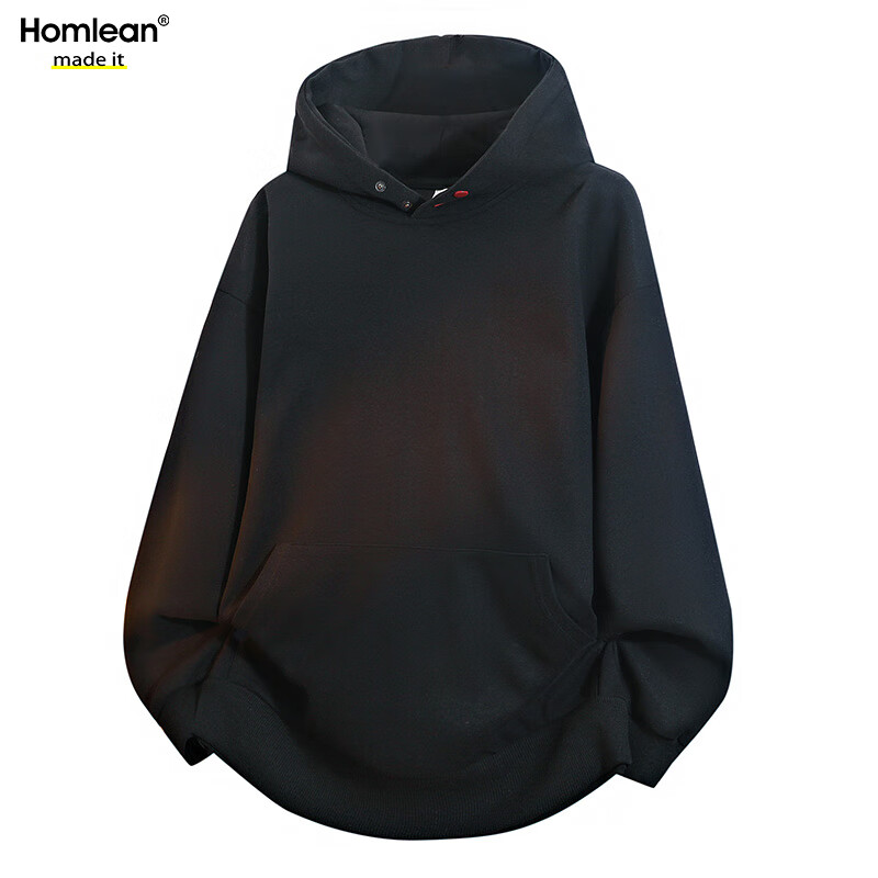 Homlean American-Style Heavy Hooded Sweatshirt, Spring Men's High Street Solid Color Versatile Loose Casual Top, HQ20 Black 2XL