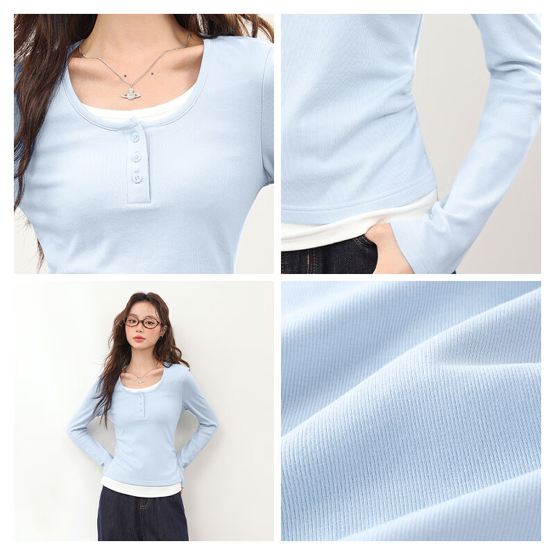 MJ STYLE Colorblock Layered Look Long Sleeve T-Shirt Women 2026 Spring Autumn New Korean Slim Fit Shoulder Base Shirt