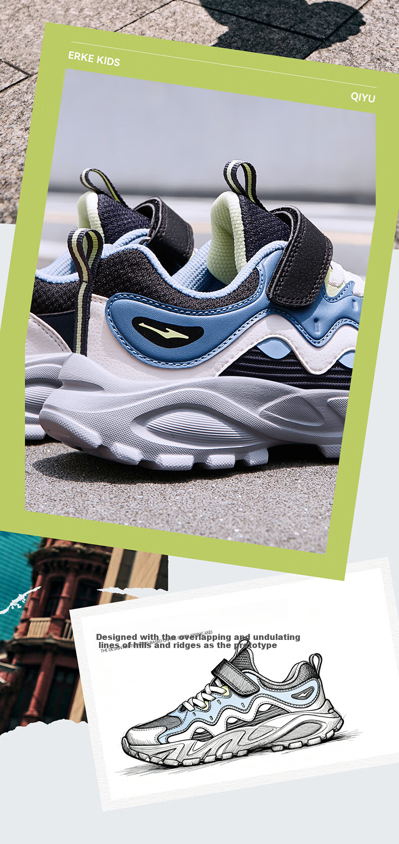 ERKE Children's Shoes Boys' Sports Shoes for Older Kids Velcro Casual Shoes Universe Blue/Micro-Crystal White/Force Blue Size 35 5
