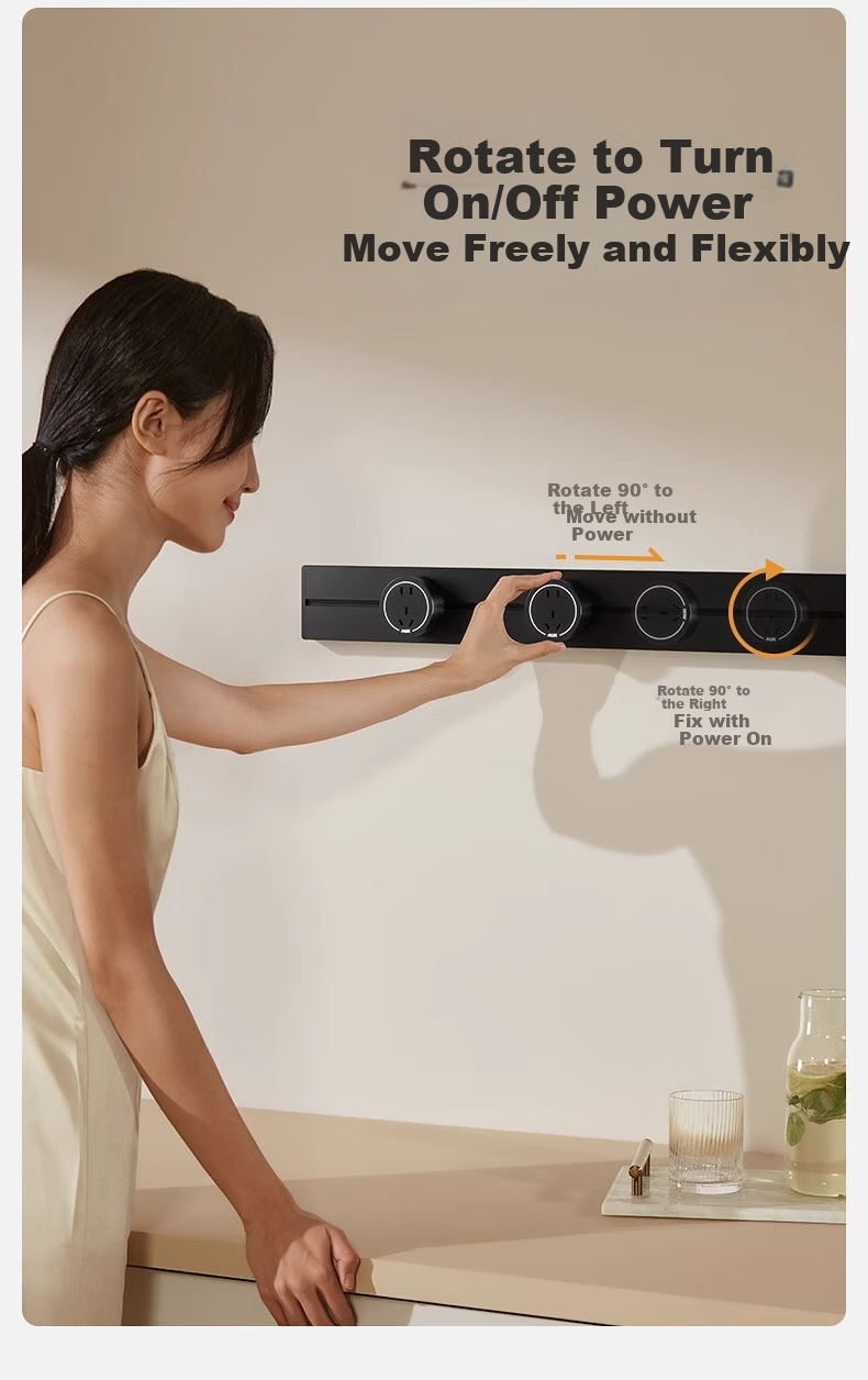AUX Track Socket, Surface-Mounted No-Drilling Wall-Mounted Movable Wall Slide Socket Slim C6 Milk Gold, Earth Color 50cm + 4 White Light Rings Five-Hole 8