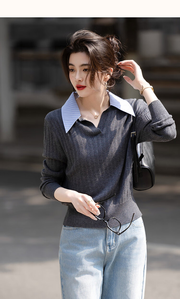 Demana【Contains Wool】Spring Autumn Smart Sensing Book Style Colorblock Stripe Spliced Lapel Knit Sweater Women Top 6
