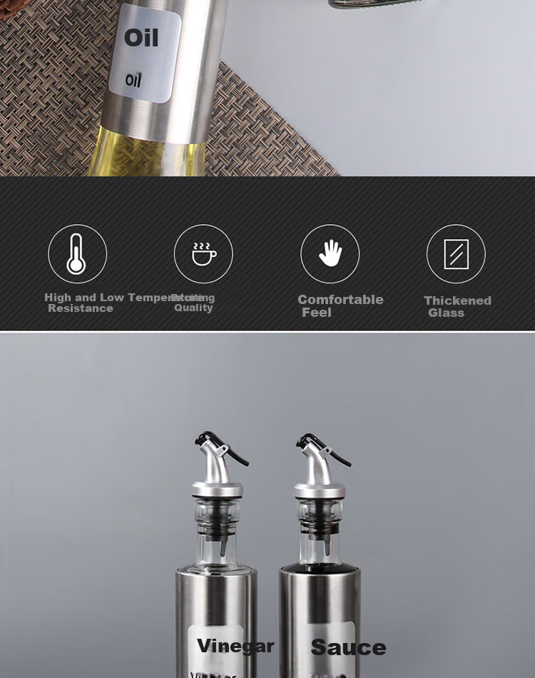 BJ Glass Oil Dispenser Set with Stainless Steel Bottles, 300ml*2, Soy Sauce And Seasoning Bottles, Vinegar Jug, Leak-Proof Oil Pourer, Non-Drip Oil Dispenser 1