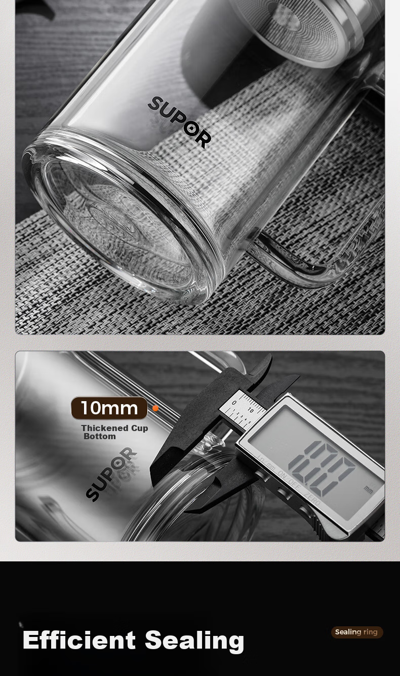 SUPOR Double-Layer Glass Cup for Men, Home Tea Infuser Cup with Handle, Business High-Quality Mug for Office Use 8