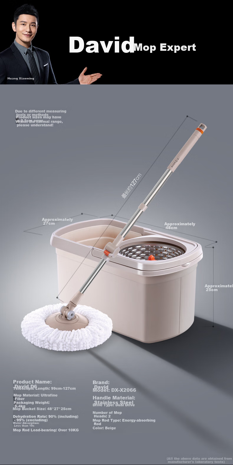 Dawei Rotating Mop, 36cm Handle Extendable to 99-127cm, 2 Thick Mop Heads, D6 Dual Drive, Hands-Free Washing 7