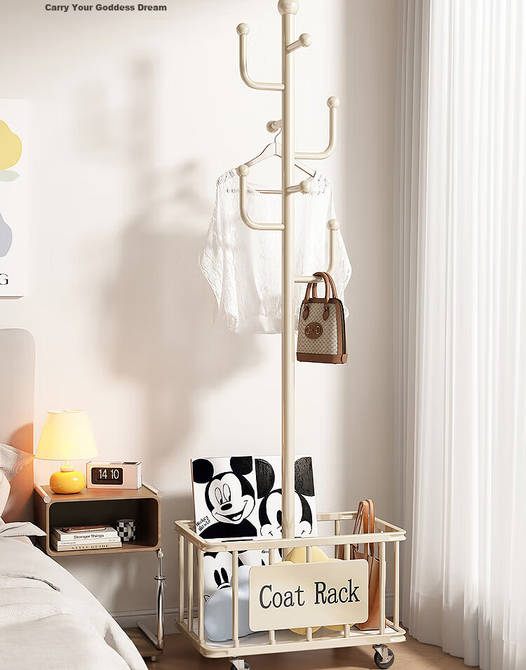 Yijia Coat Rack, Floor-Standing Clothes Rack, Coat And Hat Stand, Movable Home Drying Rod Storage Rack, Cream White Straight Rod with 7 Hooks 8