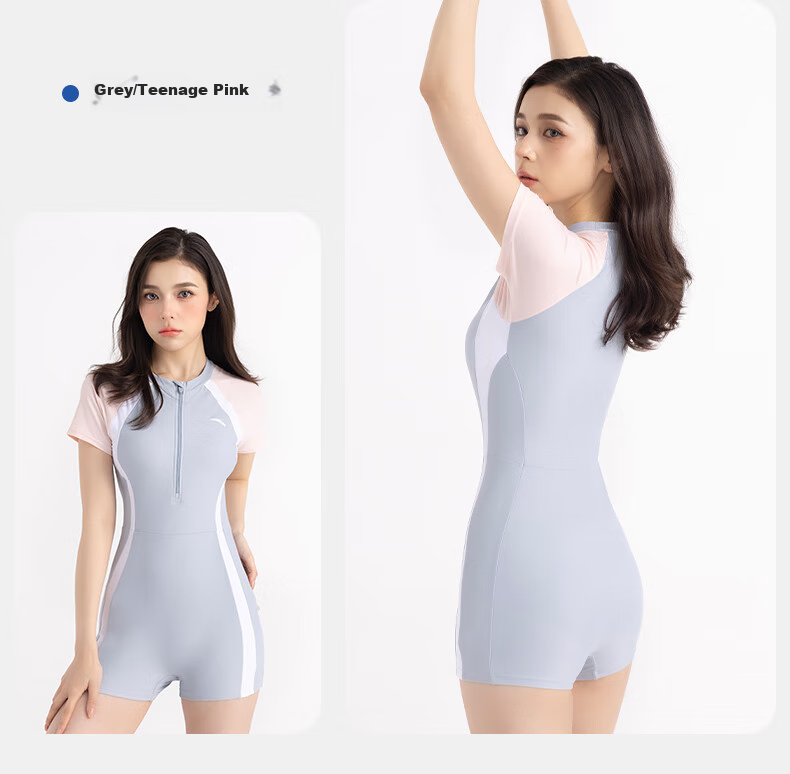 ANTA Slim Waist One-Piece Swimsuit for Women, New Style Swimming Boyshorts, Conservative Slimming Hot Spring Resort Swimwear, Gray-Blue 2XL 12