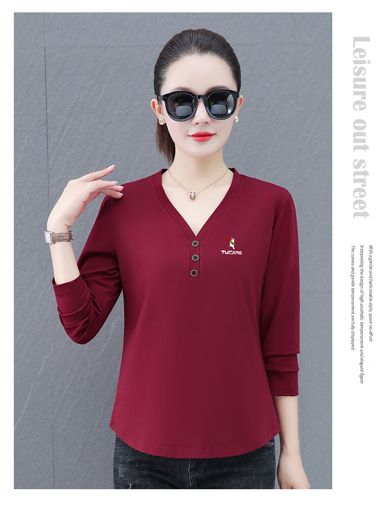 Woodpecker V-Neck Raglan Long Sleeve T-Shirt Women Autumn New Pure Cotton Fashion Casual Plus Size Base Shirt Top Gray Green 2XL 2