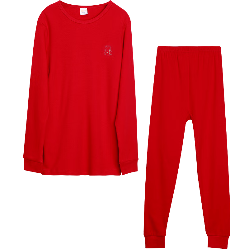 Hodohome Girls' Pure Cotton Antibacterial Mite-Resistant Festive Red New Year Long Johns Set, Sizes 130-160