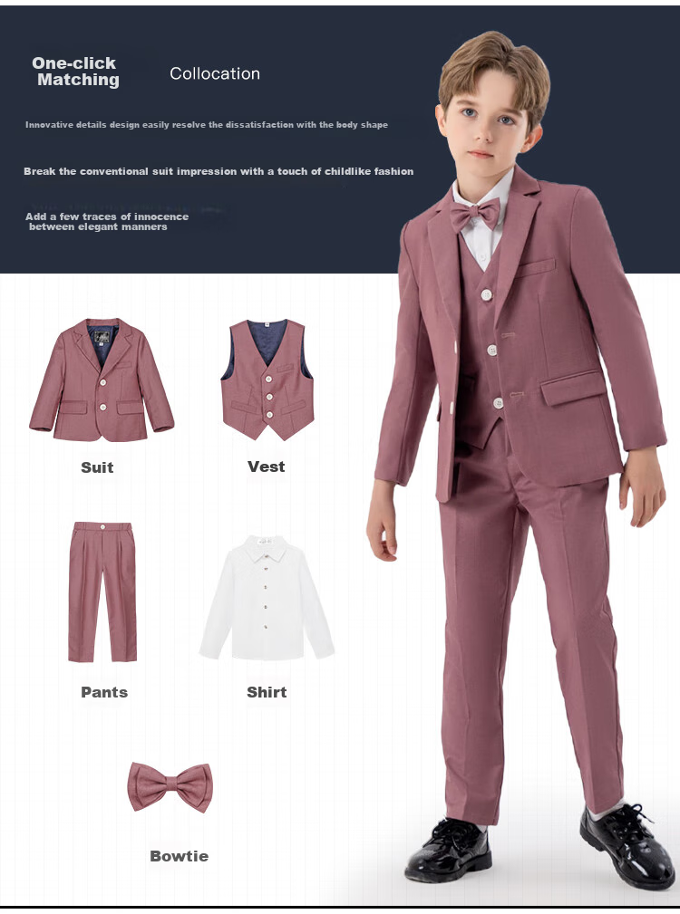 LUOBOBEIBEI Children's Small Suit, Handsome Boys' British-Style Blazer Jacket, Spring New Year Outfit, Pink Four-Piece Set, Size 120 2