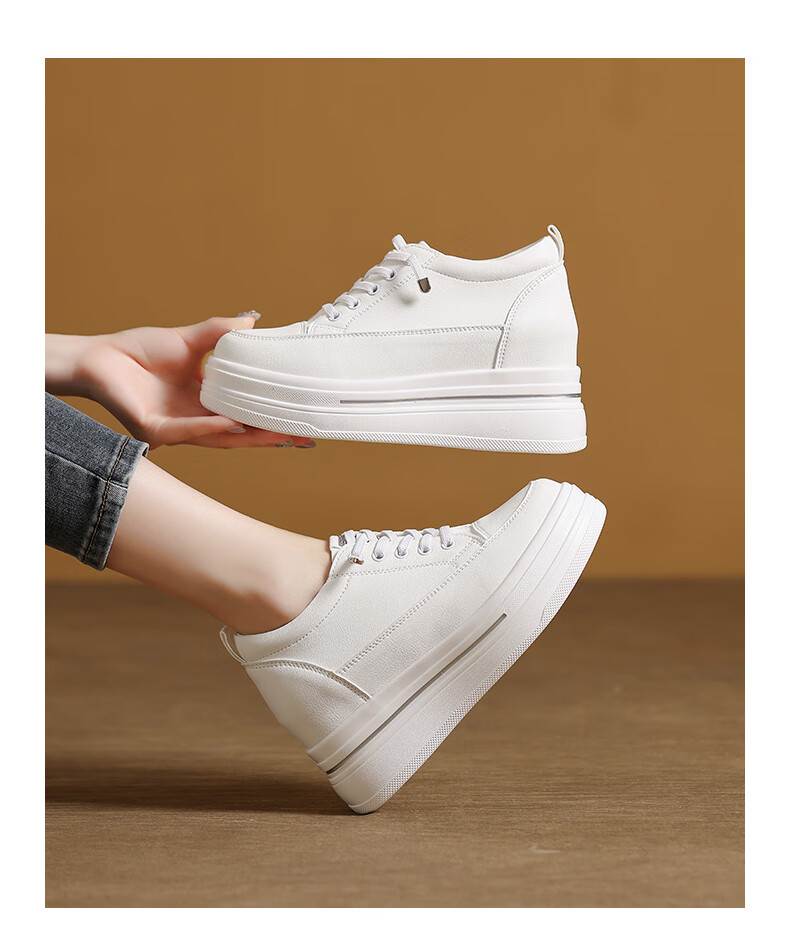 MULINSEN Women's New Thick-Soled Hidden Height Increase White Sneakers Spring Summer Casual Sports Shoes Slimming Versatile Black Size 36 11