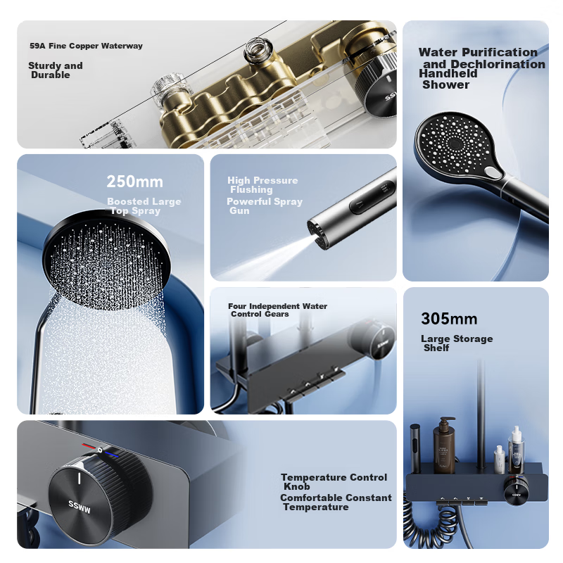 SSWW Bathroom Shower Head, Piano Shower Head Complete Set, Integrated Shower System, Fine Copper Bathroom Shower Sprayer TS9