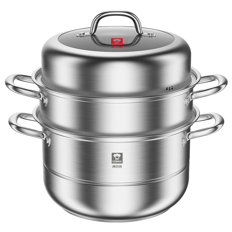 Kobach Stainless Steel Three-Layer Steamer Pot, Household Double-Bottom Steaming Pot, Steamer Basket with Visible Lid, 28cm, Compatible with Induction Cookers
