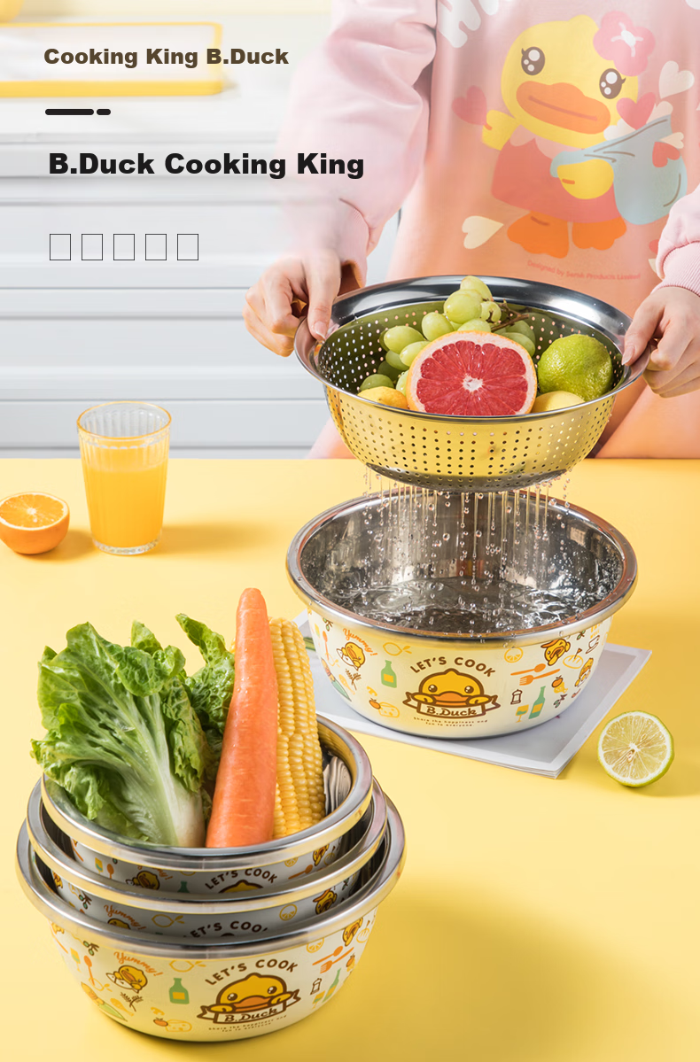COOKER KING x Little Yellow Duck 304 Stainless Steel Bowl and Sieve 3-Piece Set Thickened Vegetable Washing, Fruit, and Dough Draining Basin 1