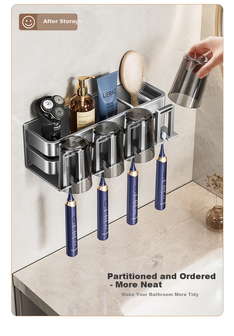 Cobbe Toothbrush Holder, No Drilling Required, Bathroom Mouthwash Cup And Brush Cup, Wall-Mounted, No Drilling Required, Couple Style with Cups, for Dormitory 4