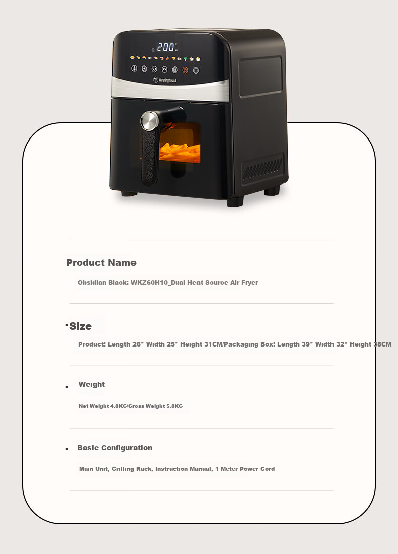 Westinghouse Visual Air Fryer, 6-Liter Large Capacity, Metal Inner Cavity, Multifunctional Oven, No-Flip Frying Pan, WKZ60H10 25