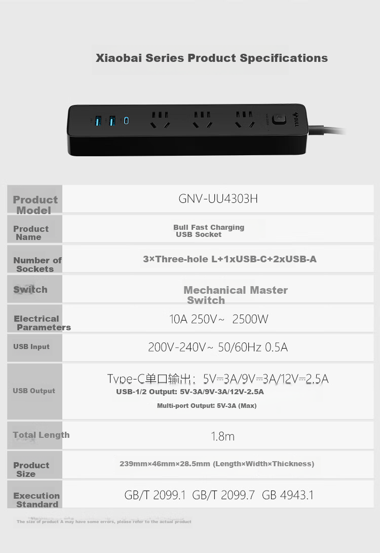 BULL 30000mAh PD Apple Fast Charging Power Strip/Extension Cord/Surge Protector/Desktop Charging Station, Type-C+USB+3 Outlets, Total Length 1.8 Meters, Black, GNV-UU4303H Master Control 4