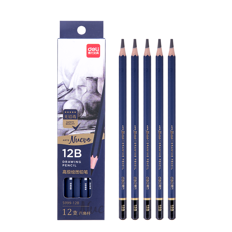 Deli Premium Drawing Pencils, 12 Pieces, 12B Sketching Pencils, Hexagonal Barrel for Students, Black Pencils for Writing And Art, Engineering Drafting Pencils for Beginners, Back-To Stationery
