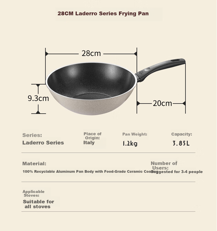BALLARINI Non-Stick Pan with Titanium Ceramic Coating, Flat Bottom Pan for Induction Cooker, 24CM Laidro Series 10