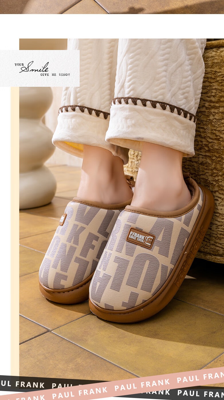 Paul Frank Men's Cotton Slippers Autumn Winter Indoor Home Fleece Lined Warm Thickened Maternity Slippers Women 6481 Black Size 38-39 2