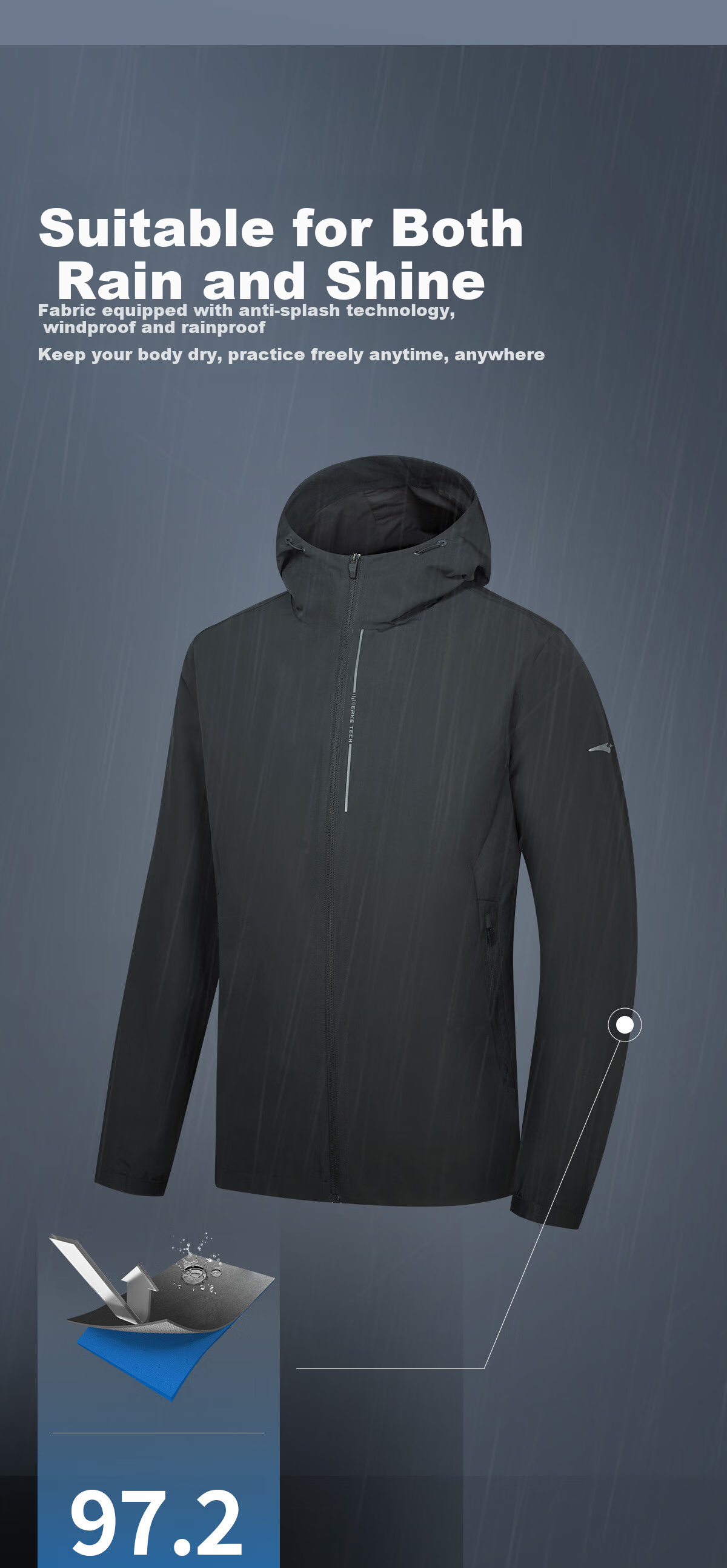 ERKE Jacket, Spring Men's Cardigan, Hooded Waterproof Cycling Wear, Windproof Running, Solid Color Versatile Casual Outerwear 2