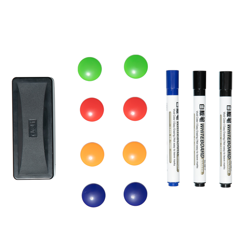 Deli Whiteboard Accessory Set: 3 Whiteboard Markers (Black 2, Blue 1), 1 Eraser, 8 Magnetic Pins - Practical High-Frequency Office Home Teaching Drawing Whiteboard Matching Set 33313