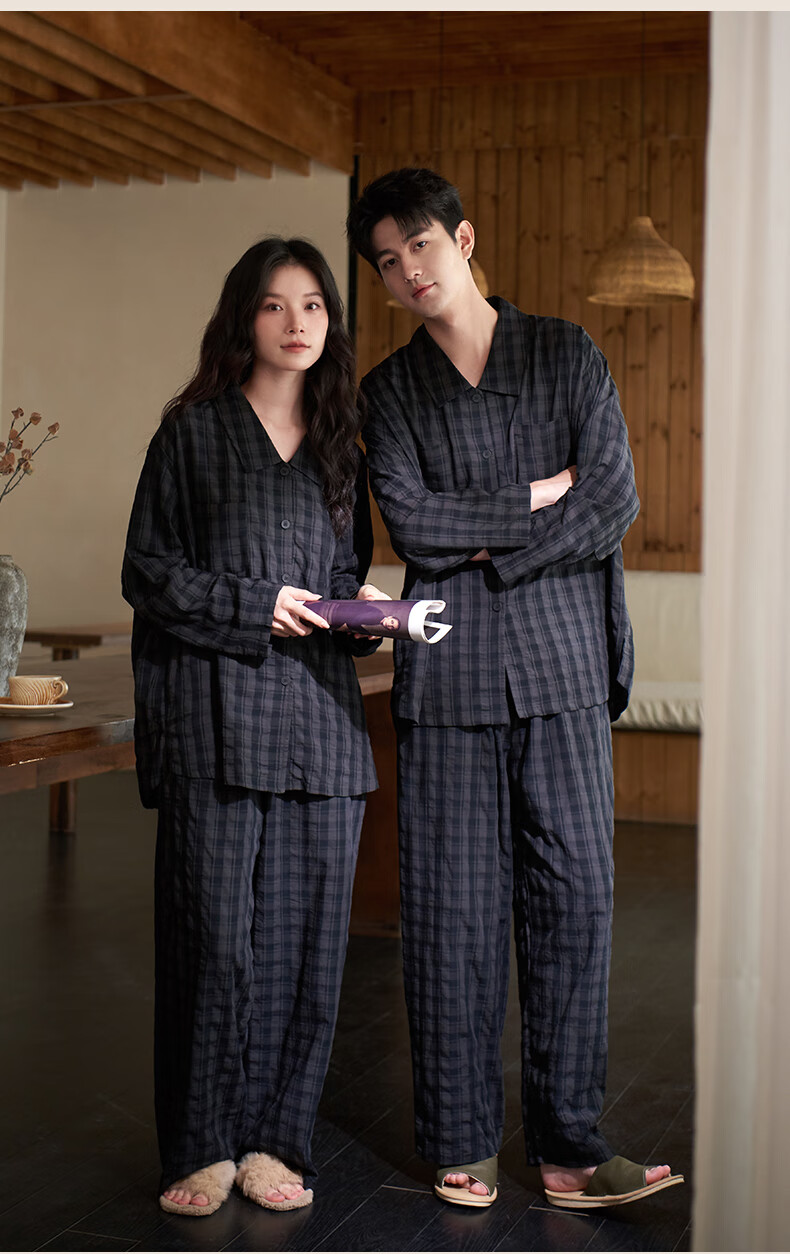 Shaqian New Vintage Coin Style Couples Pajamas 2025 Autumn Bubble Woven Cotton Women's Plaid Loungewear Men's Set 4