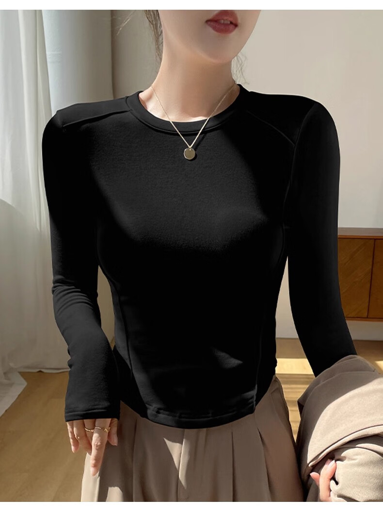 La Chapelle Crew Neck Fleece Thickened Curved Hem Herringbone Inner Layer Autumn Winter Slim Fit Long Sleeve T-Shirt Women Off-White M 13
