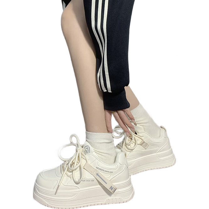 RENBEN Thick-Soled White Sneakers for Women, 2025 New Spring And Autumn Style, Popular Korean Version, Height-Increasing Casual Sports Skateboard Shoes for Wome