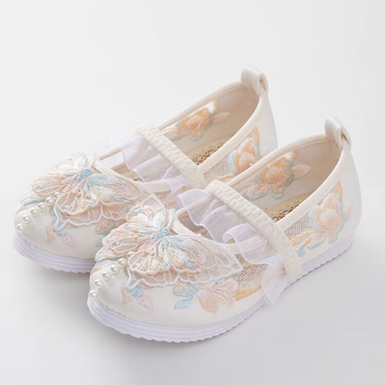Qibao Girls Hanfu Shoes Traditional Embroidered Butterfly Mesh Shoes White Size 28 Inner Length 16.8cm