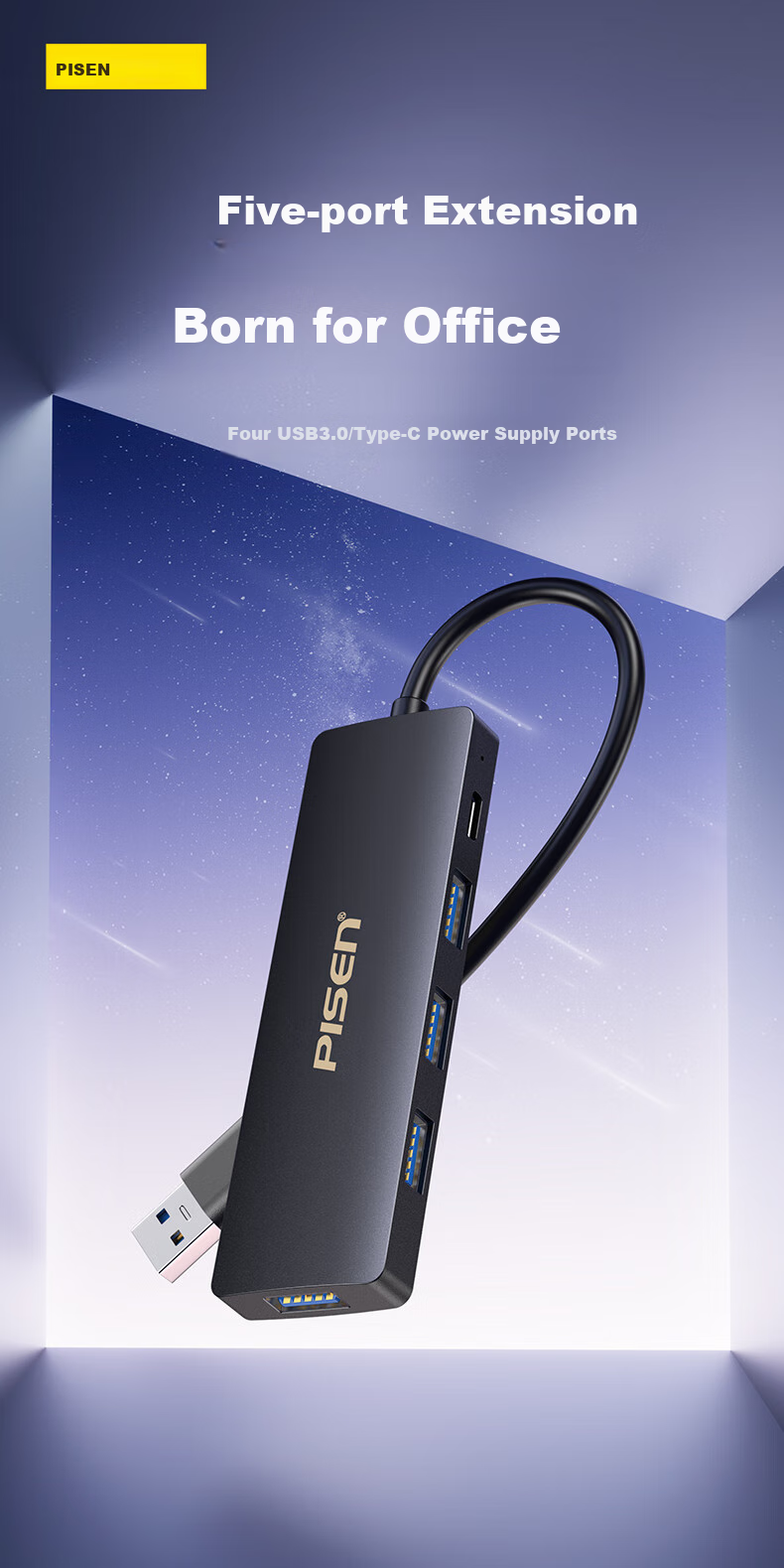 Pisen USB3.0 Hub, High-Speed 4-Port Expansion Dock, One-To Converter, Laptop Desktop Computer Keyboard Mouse Hub Extension Cable, Type-C Powered Hub 3