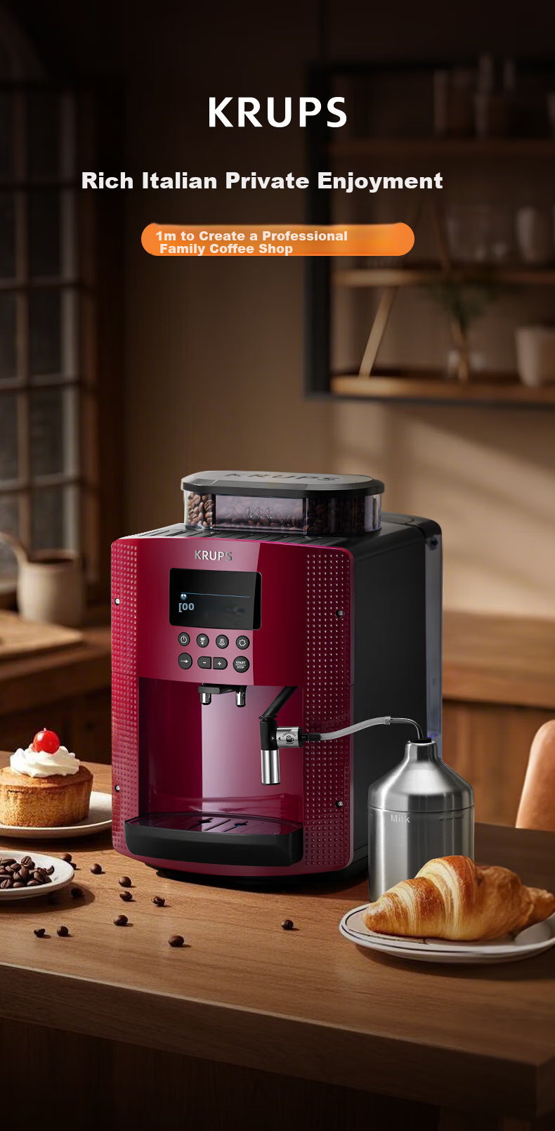Krups German Coffee Machine for Home/Office Use, Fully Automatic Espresso Machine with Built-In Grinder, European Import EA815580 (Red) 2