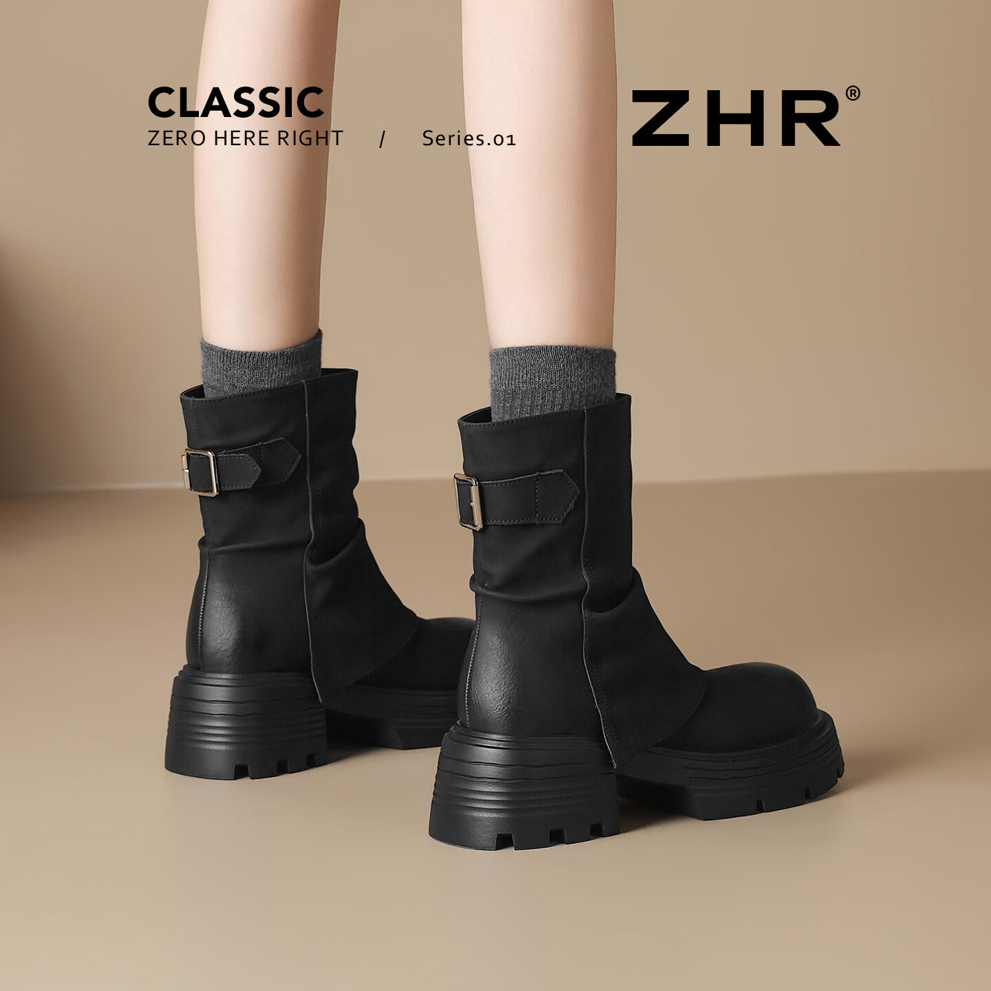 ZHR Women's Stacked Short Boots Thick Sole Height Increasing Martin Boots Melard Western Shaft Boots KN191G Black Size 39