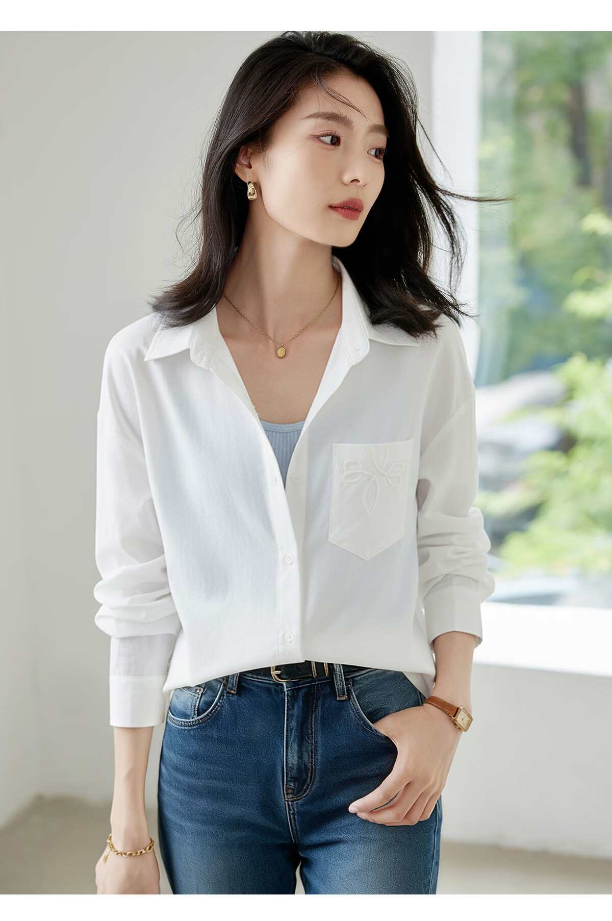 Chushen Women's Spring and Autumn Long Sleeve Shirt Embroidered Pocket Design Loose Simple Commuter Blouse S143C2031 19