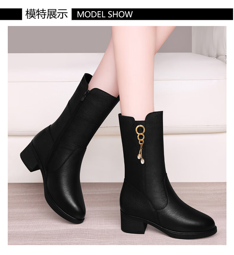 FUGUINIAO Genuine Leather Cowhide Women's Ankle Boots Autumn Winter Fleece Lined Warm Round Toe Chunky Heel Mid-Calf Boots Black Short Fleece Size 39 5
