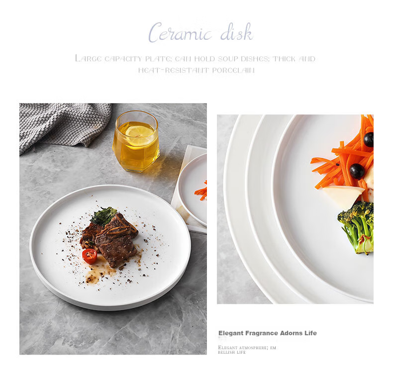 JIWUSENLIN Ceramic Plates, Household White Porcelain Dishes, 9-Inch Chinese-Style Dinner Plates, Flat Plates, Steak Plates, Dishwasher Safe, Set of 2 4