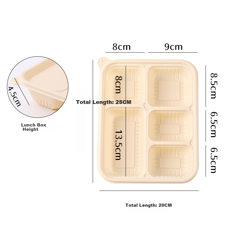 Baijie Corn Starch Disposable Food Containers, Biodegradable Microwave-Safe Lunch Boxes with Lids, Takeout Meal Boxes, 5 Compartments * 50 Sets