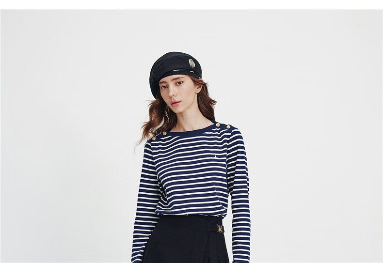 Navy Keller Italy Small Sailboat Women's 2025 New Off-Shoulder Striped Cotton Long Sleeve T-Shirt 2335005502 3