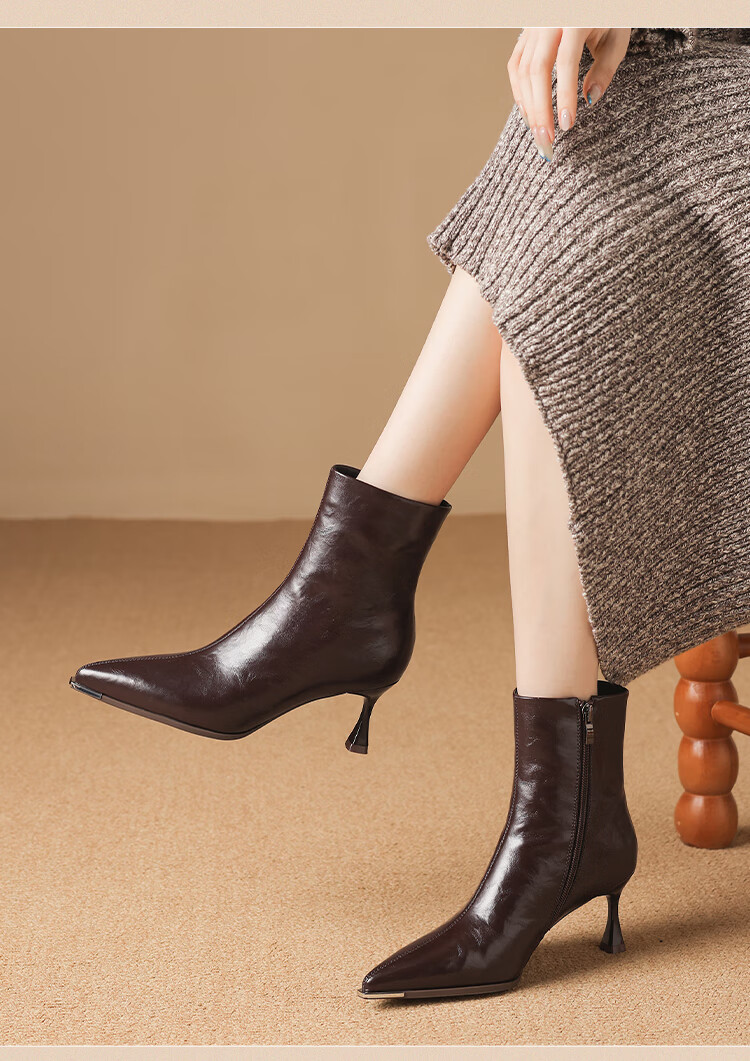 ZHR Pointed Toe Fleece-Lined Women's Ankle Boots Elegant Versatile Commuter Stiletto High Heel Boots BQ137A Black Size 39 5