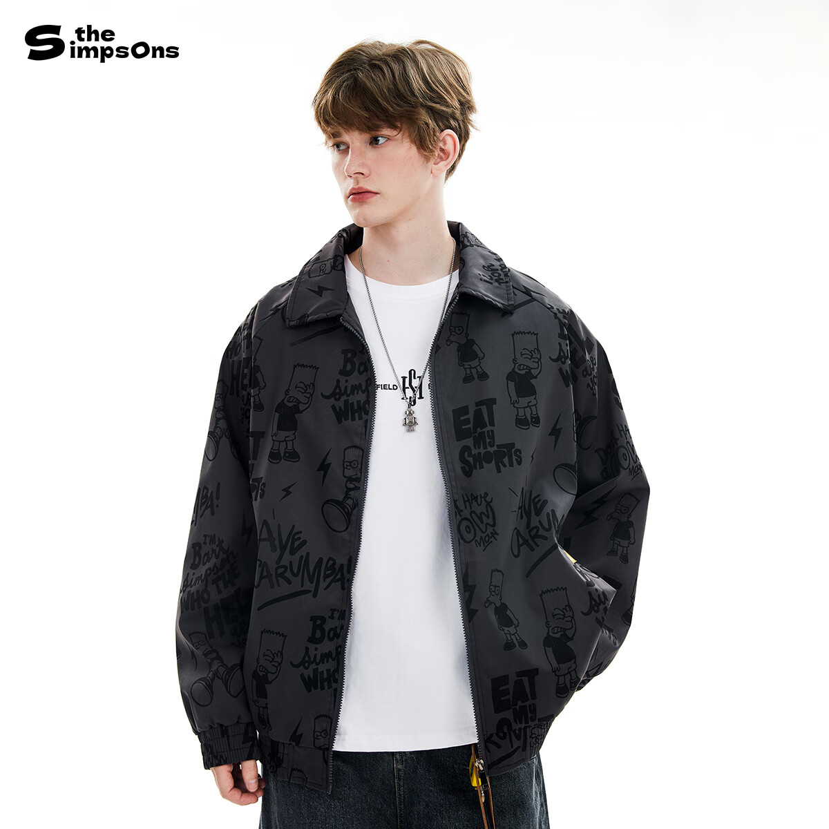 THE SIMPSONS Casual Loose Printed Polo Collar Trendy Unisex Jacket Black Regular XL