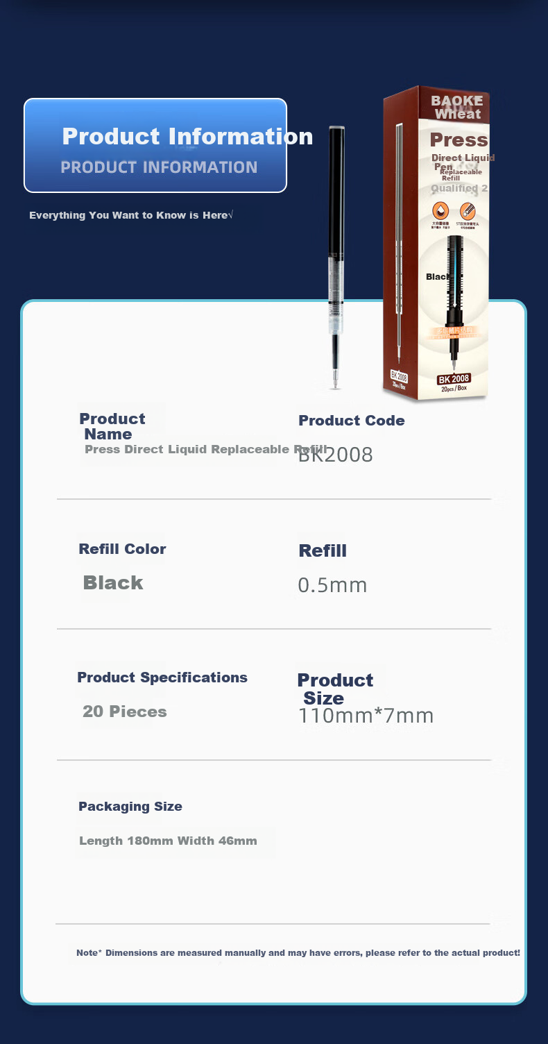 BAOKE BK2008 Retractable Gel Pen Refill, 0.5mm Direct Liquid Type, Black, 20 Pieces/box 8