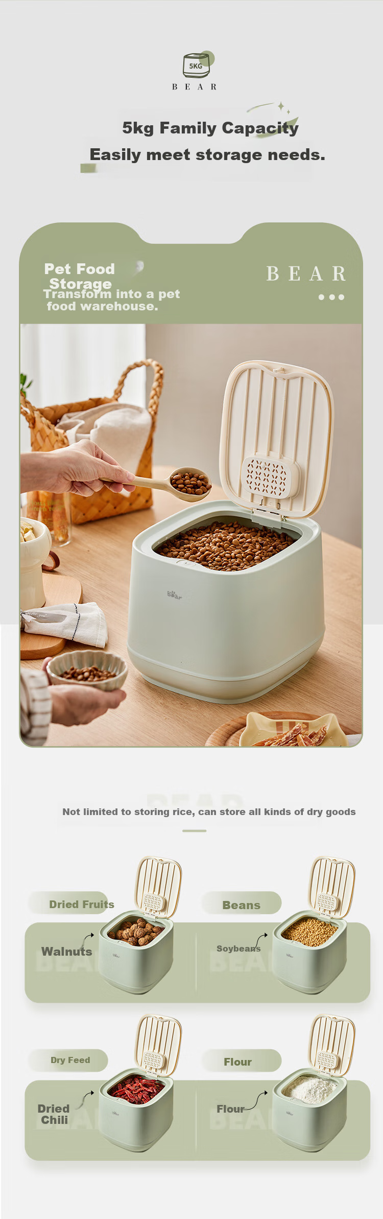 Bear (Bear) Rice Container, Food-Grade Insect-Proof Rice Storage Bin, Rice Jar, Grain Storage Box, Sealed Bucket, Grain Storage Container, 10 Jin Capacity 4