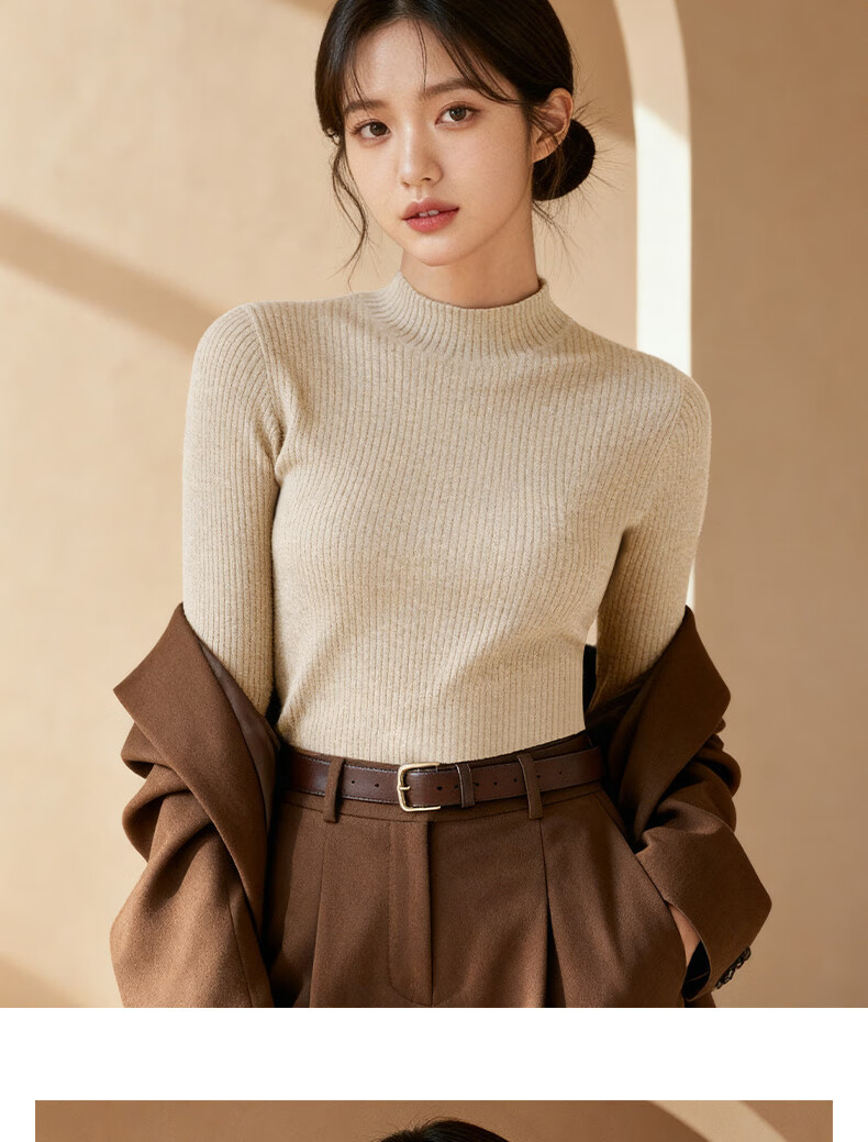 NOMe Women's Turtleneck Fleece-Lined Thermal Knit Sweater, Lazy Style Top, Apricot, One Size 18
