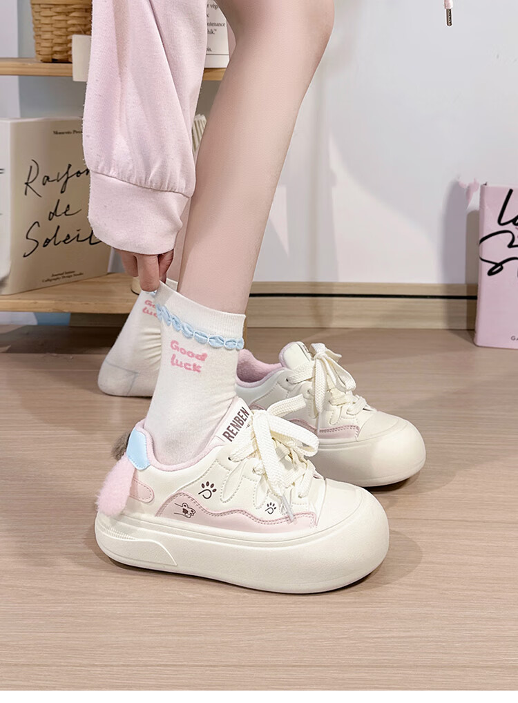 Renben Fleece-Lined White Sneakers for Women Cute Puppy Low-Top Original Casual Thick-Soled Warm Cotton Shoes Trendy Female 9