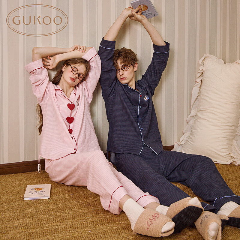 Gukoo Disney Series Striped Collar Cotton Long Sleeve Women's Pajama Set Couple Sleepwear Spring Autumn Ancient Pink S
