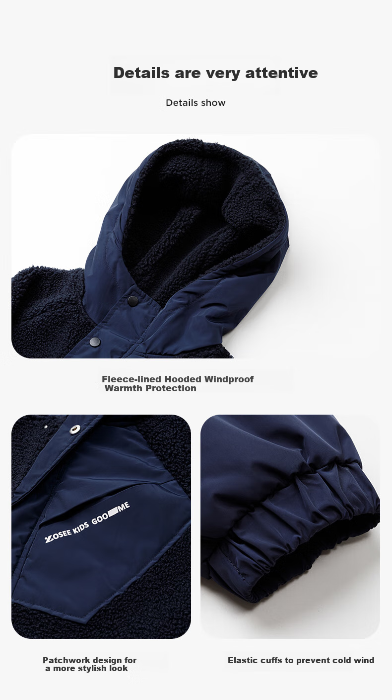 Zuoxi Boys' Lambswool Jacket, 2025 New Style Hooded Padded Children's Autumn And Winter Coat, Navy Blue, Size 150 10