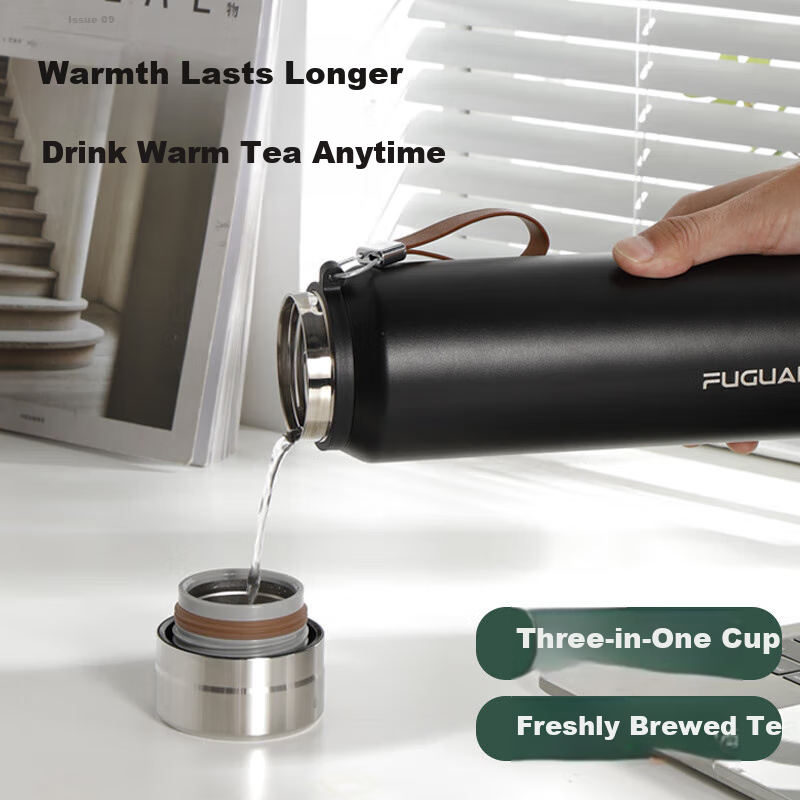 Fuguang Large Capacity Insulated Mug, 316 Stainless Steel, for Students, Men And Women, Business Office Use, Tea Infuser Water Bottle, Black, 600ML