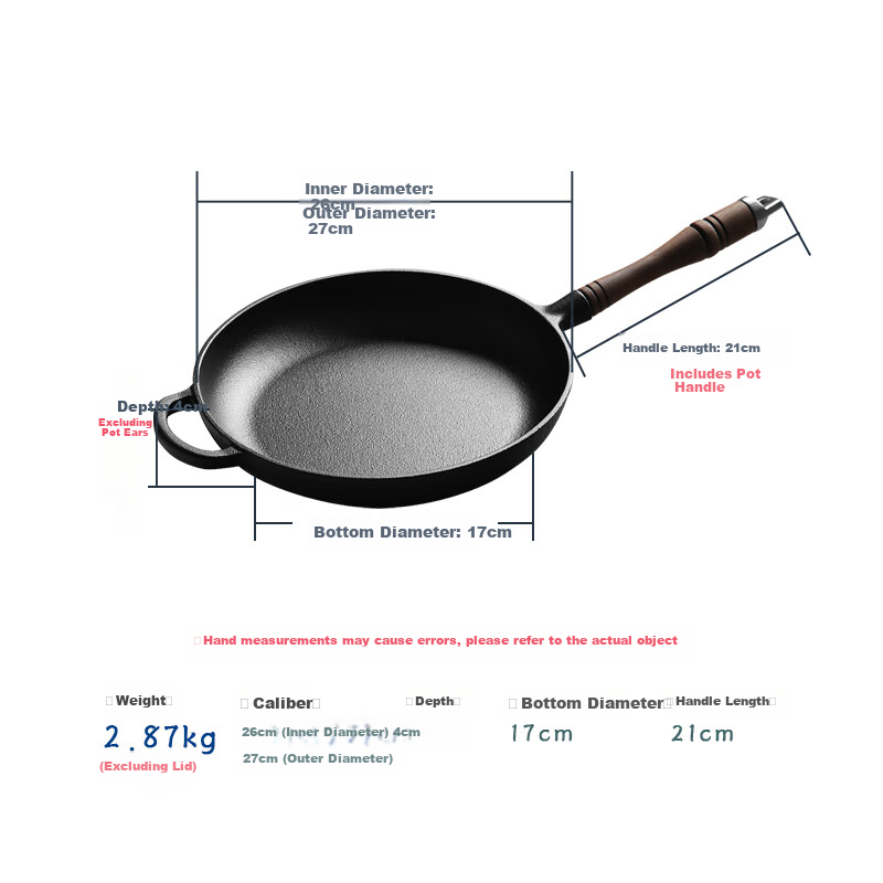 Dianjiang Cast Iron Skillet, Non-Coated, 26cm Steak Pan, Pancake Griddle, Suitable for Induction Cooker, Walnut Wood Handle