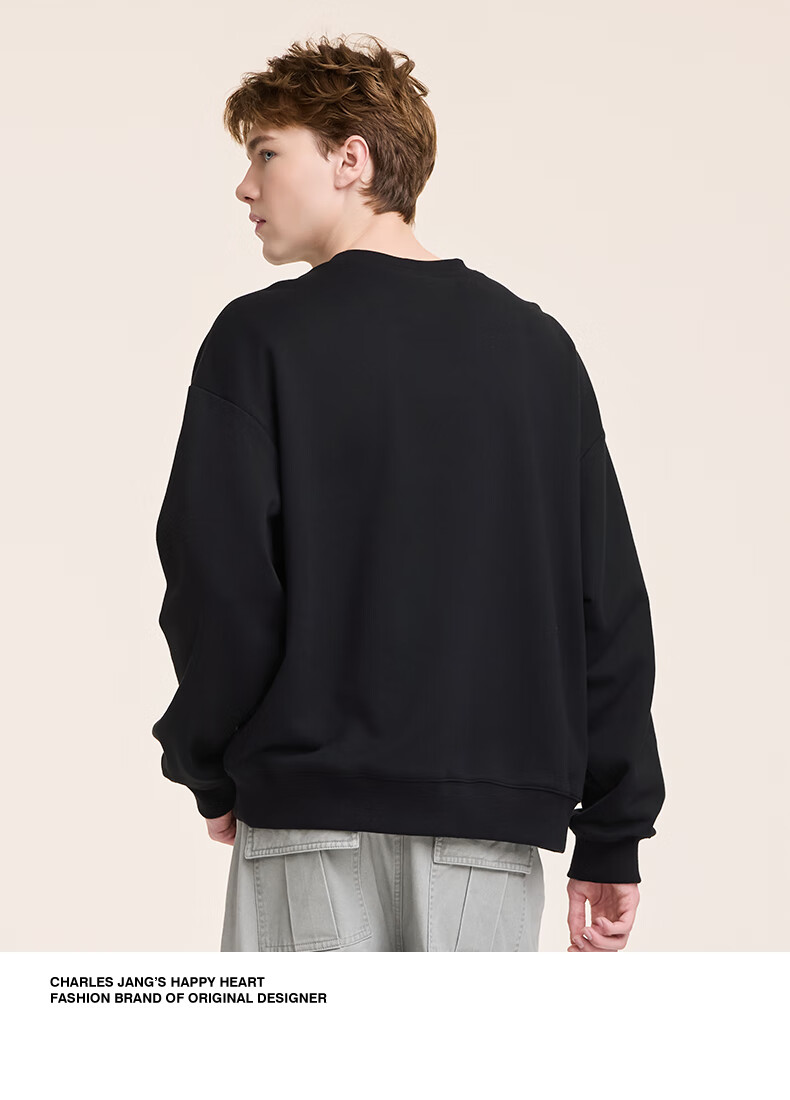 Charles Peach Heart American Style Pure Cotton Embroidered Sweatshirt Men Crew Neck Spring Autumn New Pullover Long Sleeve Top Black S 3